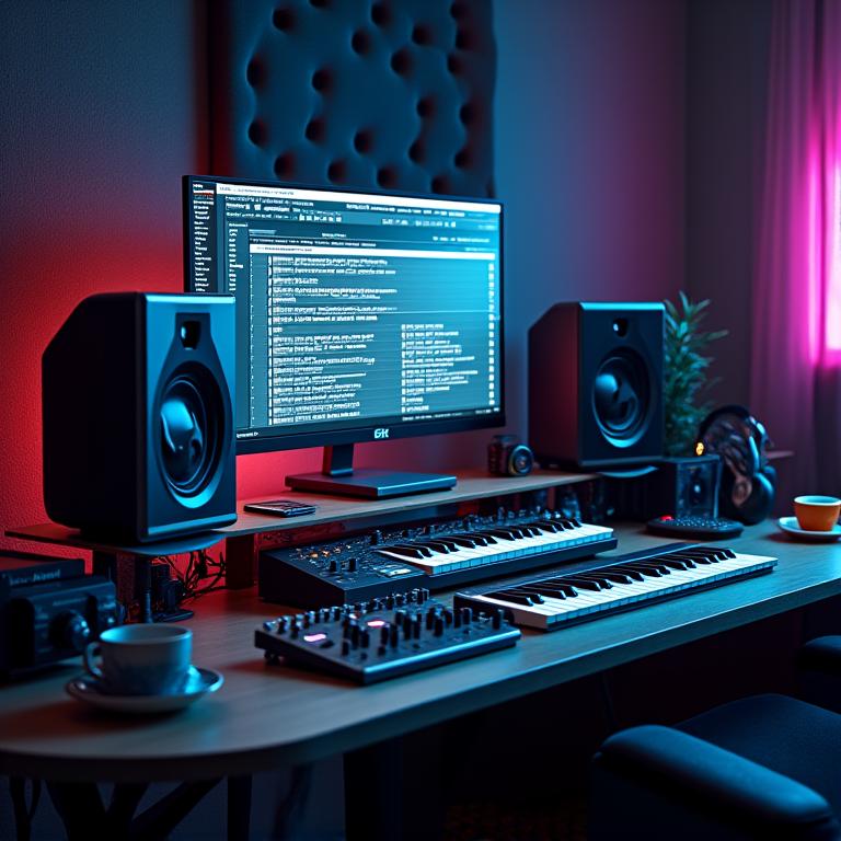 Digital music production studio with MIDI instruments and recording equipment