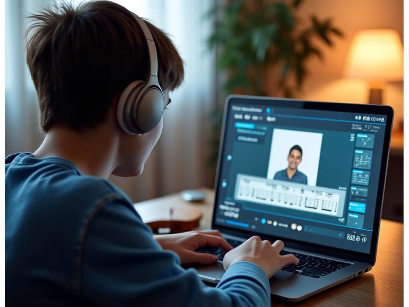 Student taking online music classes with interactive virtual learning platform